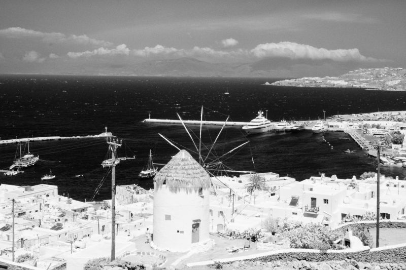 Windmill on Mykonos Shore, Mykonos Black and White Prints